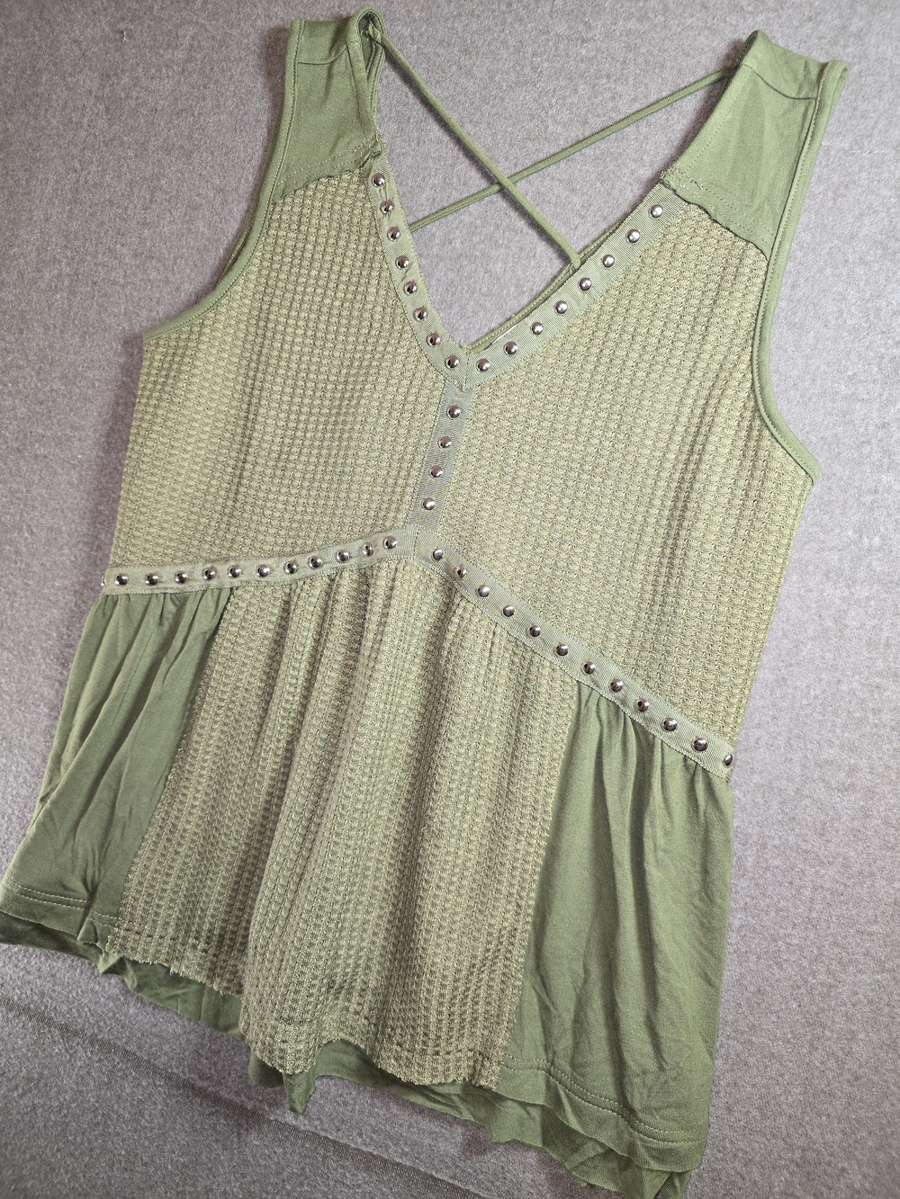 Hailey & Co Stud-Trim Olive Green Waffle Knit Textured Festival Tank Women's Sm